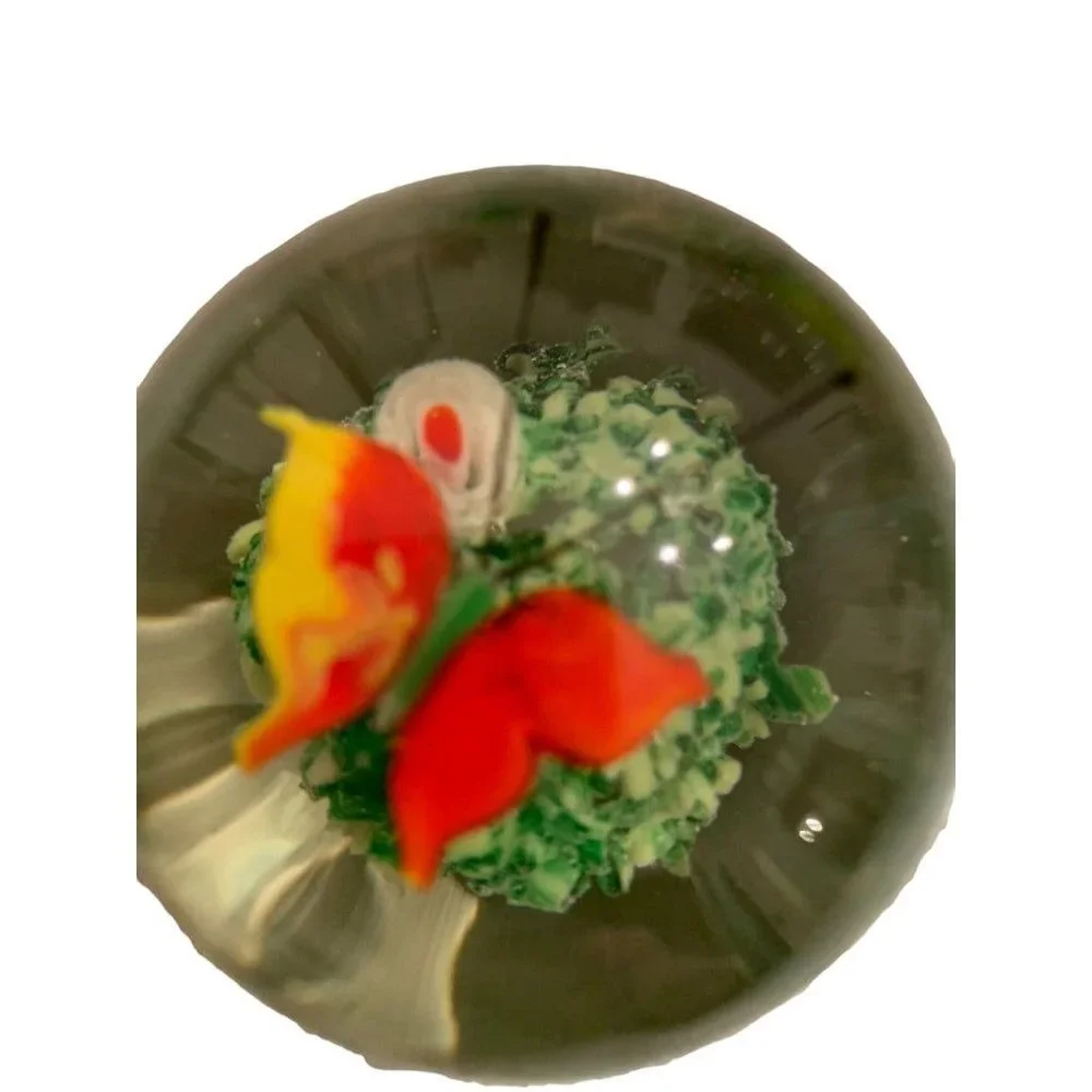 Glass Globe Paperweight Red Yellow Butterfly Grass 1.8